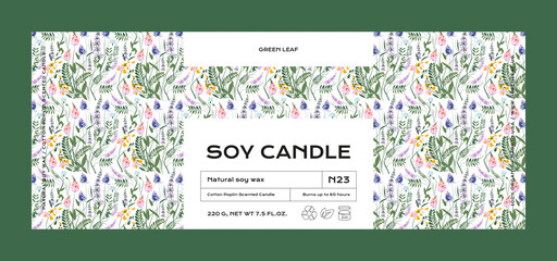 Hand drawn botanical vector cosmetics label design template for soy candle
