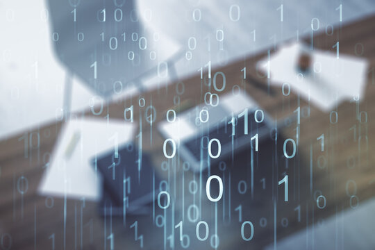 Creative concept of binary code illustration and modern desktop with computer on background. Big data and coding concept. Multiexposure