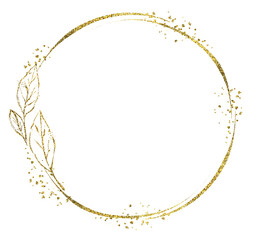 Golden foil frame in circle shape. Gold foil floral illustrations isolated on white. Realistic round template for logo, wedding, greeting cards