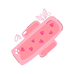 Menstrual pad with hearts in pink color. Modern flat illustration.