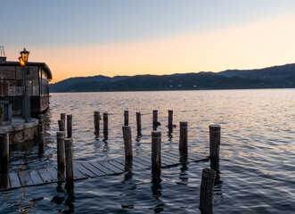 winter light at sunset.Orta lake, Piedmont, Italy.