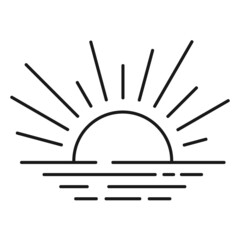Sunset sun, sunset icon with rays isolated on white background. Vector, cartoon illustration. Vector