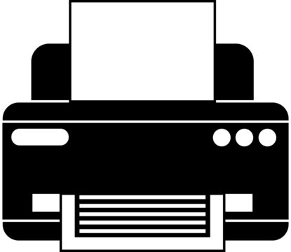 recommend clip art: Office or home printer icon, black silhouette. Highlighted on a white background. Vector illustration. A series of business icons.