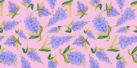 Spring Seamless Pattern of Floral elements in style doodle wedding theme on pink Background. Violet blossom Flowers and green leaf. Patterns with packaging and scrapbooking