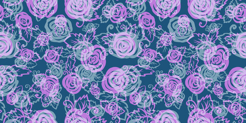 Spring Watercolor Floral Seamless Patterns with packaging and scrapbooking. colorful pink and gray branch and Roses Flower on blue Background