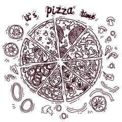 cute pizza vector illustration. Hand drawn sketch pizza. Italian food. Package design. Pizza slices in a circle.