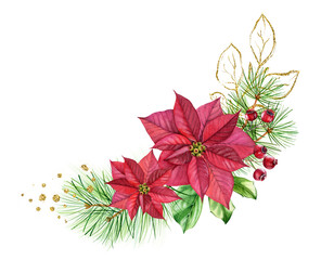 Watercolor bouquet with red poinsettia, golden glitter florals. Christmas arch with pine tree and glitter foil. Botanical floral illustration for winter holiday cards - 471984710
