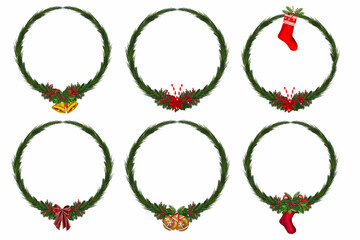 Set of christmas wreath with winter floral elements. Vector illustration.