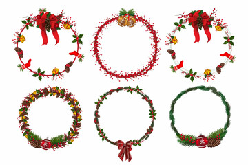 Set of christmas wreath with winter floral elements. Vector illustration.