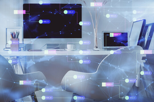 Double exposure of data theme drawing and office interior background. Concept of technology.