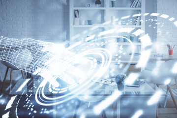 Multi exposure of data theme drawing and office interior background. Concept of technology.