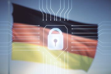 Virtual creative lock symbol and microcircuit illustration on flag of Germany and sunset sky background. Protection and firewall concept. Multiexposure
