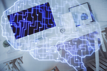 Multi exposure of brain drawing and office interior background. Concept of data technology.