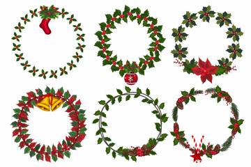 Set of christmas wreath with winter floral elements. Vector illustration.