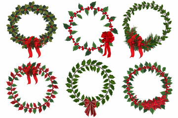 Set of christmas wreath with winter floral elements. Vector illustration.