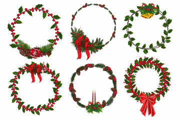 Set of christmas wreath with winter floral elements. Vector illustration.