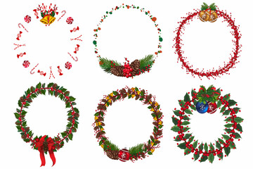Set of christmas wreath with winter floral elements. Vector illustration.