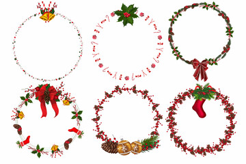 Set of christmas wreath with winter floral elements. Vector illustration.