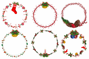 Set of christmas wreath with winter floral elements. Vector illustration.