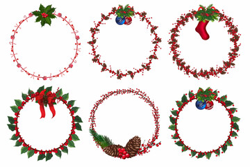 Set of christmas wreath with winter floral elements. Vector illustration.