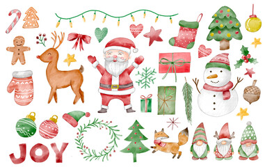 Set of watercolor Christmas elements with tree, snowman, gnomea, gift, santa, reindeer and floral on white background.