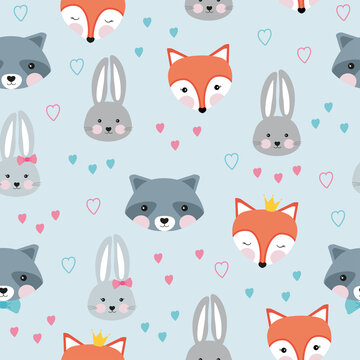 Pattern with cute animal faces. Fox, raccoon, bunny. Pets in a flat style on a blue background. Children's pattern, hearts. Crown and bow on the head.