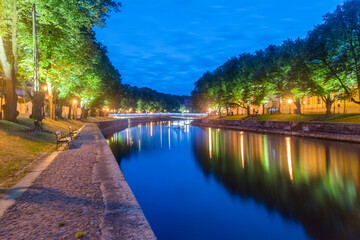 Fototapeta na wymiar Night view on Aura river in Turku, Finland.