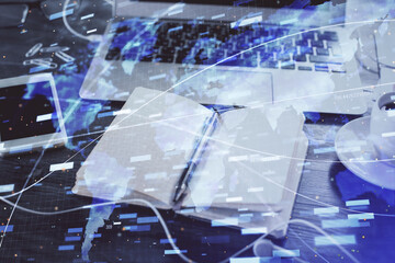 Multi exposure of data theme drawings and desk with open notebook background. Concept of education