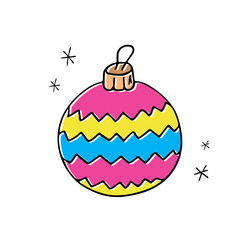 Doodle Christmas ball,hand drawn colored decoration,New Year toy,festive element.Use for holiday cards, posters,banners,calendars,print.Outline drawing picture.Isolated.Vector illustration