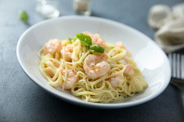 Traditional homemade pasta with shrimps
