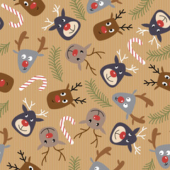 Fototapeta na wymiar Endless Christmas background. Cute stylized deer, lollipop and fir branch. Seamless repeat pattern. Cartoon doodle.