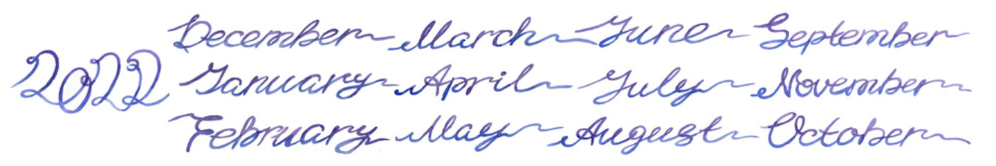 Watercolor continuous blue and violet one line drawing lettering 2022 number year and month names on white background