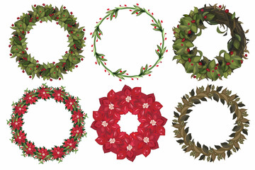 Set of christmas wreath with winter floral elements. Vector illustration.