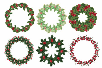 Set of christmas wreath with winter floral elements. Vector illustration.