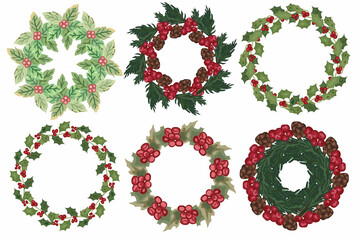 Set of christmas wreath with winter floral elements. Vector illustration.