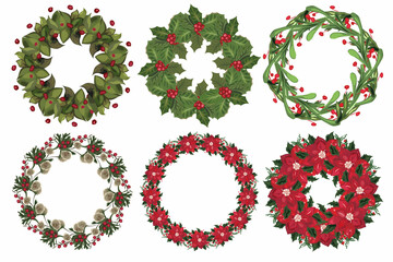 Set of christmas wreath with winter floral elements. Vector illustration.