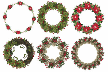 Set of christmas wreath with winter floral elements. Vector illustration.