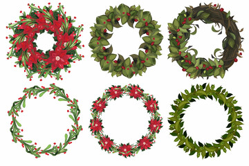 Set of christmas wreath with winter floral elements. Vector illustration.