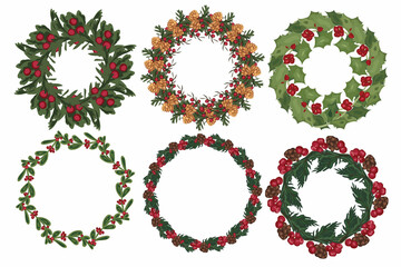 Set of christmas wreath with winter floral elements. Vector illustration.