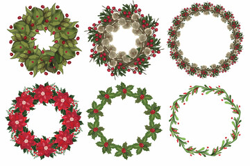 Set of christmas wreath with winter floral elements. Vector illustration.