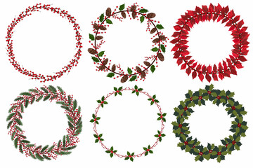 Set of christmas wreath with winter floral elements. Vector illustration.