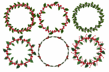 Set of christmas wreath with winter floral elements. Vector illustration.