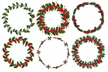 Set of christmas wreath with winter floral elements. Vector illustration.