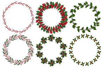 Set of christmas wreath with winter floral elements. Vector illustration.