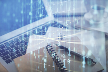 Double exposure of technology theme drawing and desktop with coffee and items on table background. Concept of data research.
