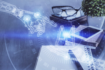 Double exposure of data theme drawing and mobile phone background. Concept of innovation