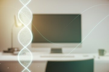 Double exposure of creative DNA hologram on laptop background. Bio Engineering and DNA Research concept