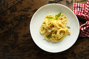 Traditional homemade pasta Carbonara with pork and egg
