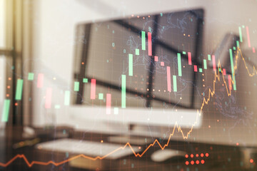 Multi exposure of abstract financial graph with world map on modern computer background, financial and trading concept