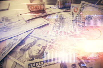Double exposure of data theme drawing over us dollars bill background. Technology concept.